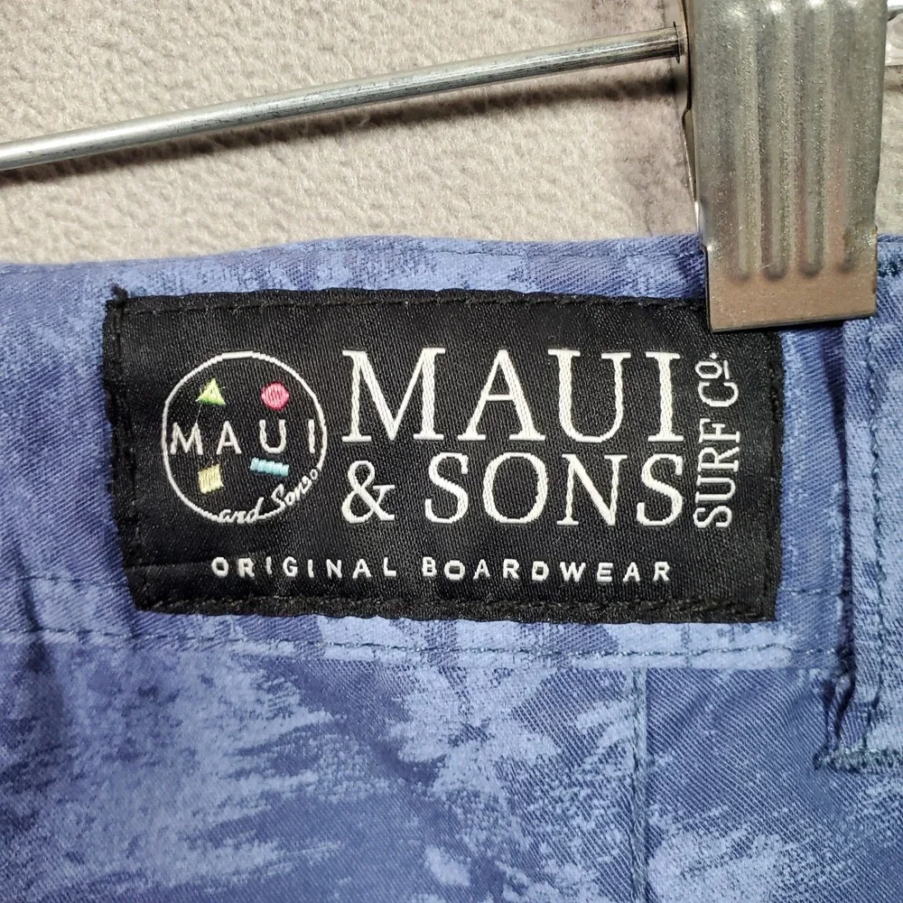 Maui & Sons Shorts Mens 34‎ Blue Palm Tree Print Cotton Surf Beach Skate Summer
